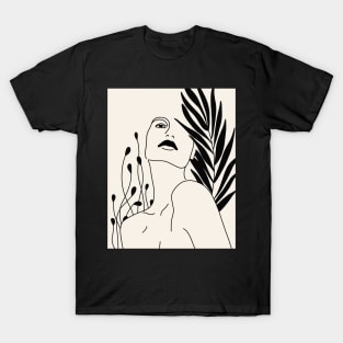 Woman Portrait And Plant Leaves Line Art T-Shirt